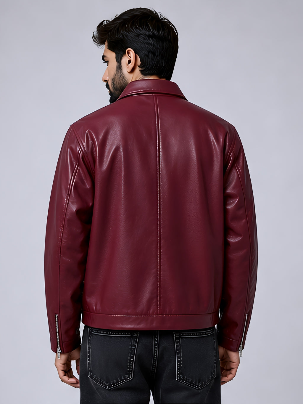 maroon faux leather jacket india streetwear outfit back view