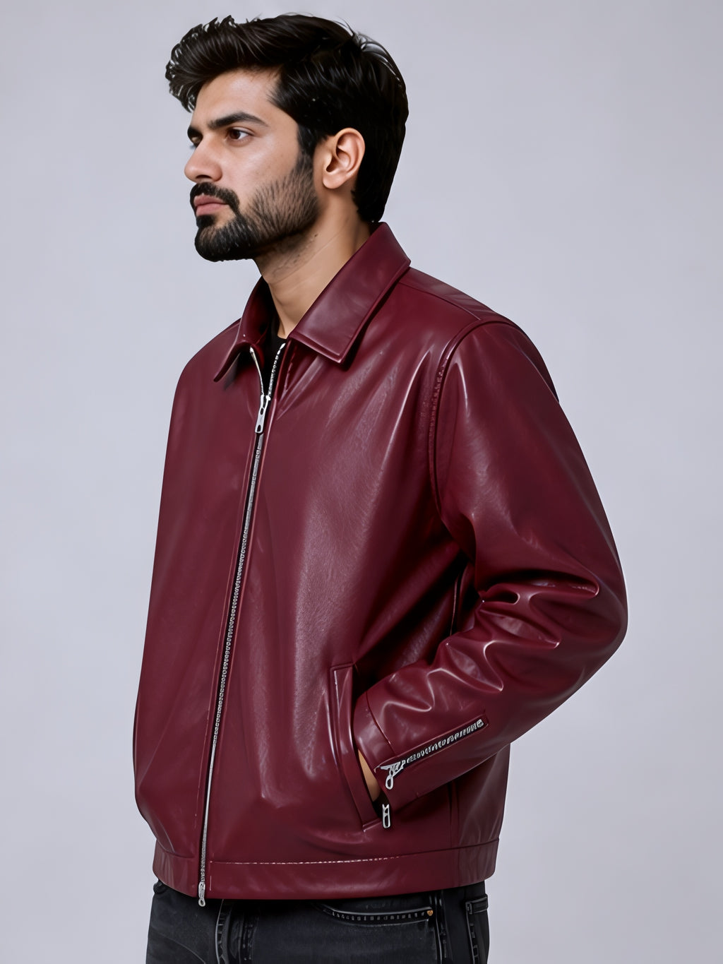 burgundy leather jacket side profile streetwear