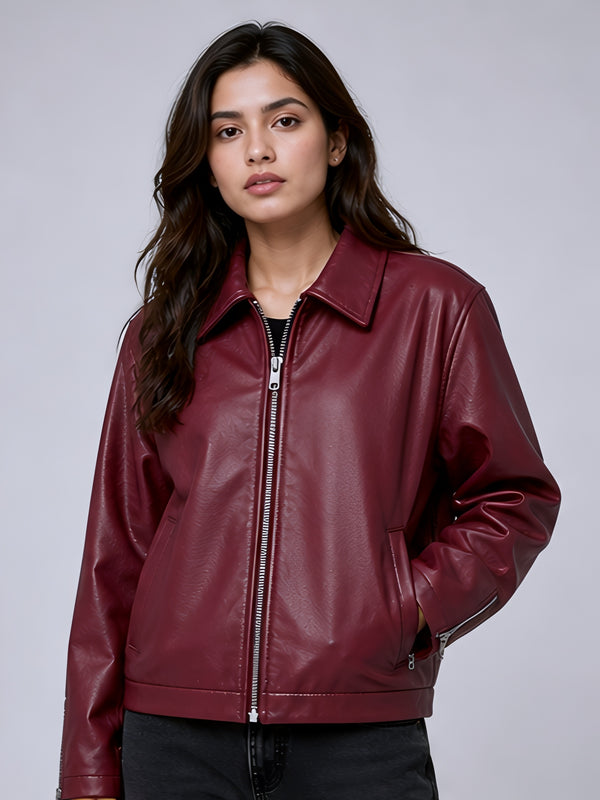 Walhala Burgundy Faux Leather Jacket for Women – Premium Streetwear Fit