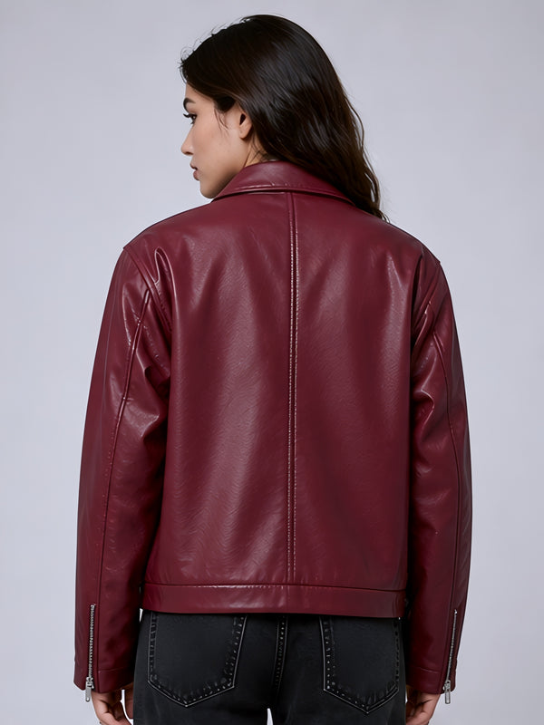 Walhala Burgundy Faux Leather Jacket for Women – Premium Streetwear Fit