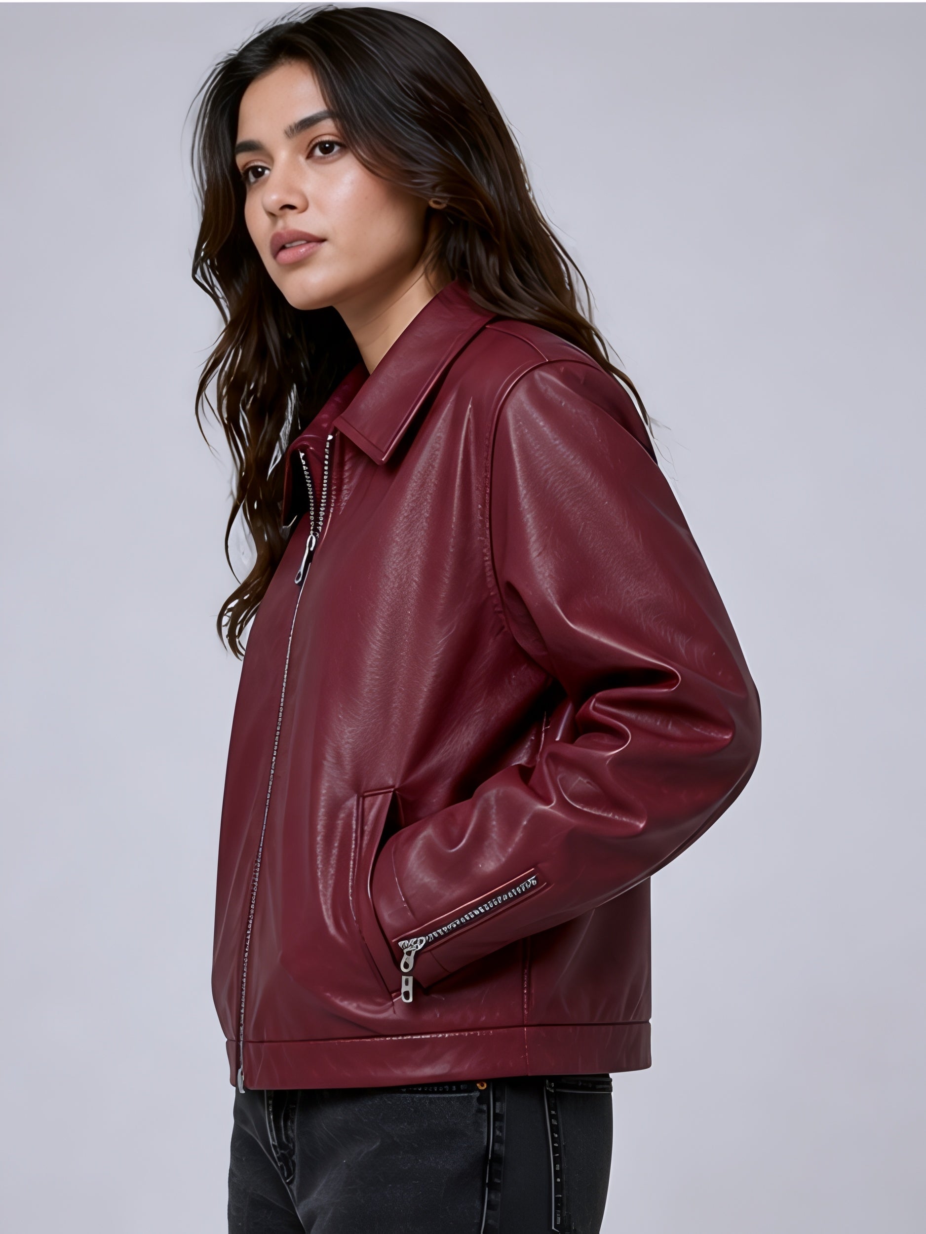 burgundy leather jacket women india premium look