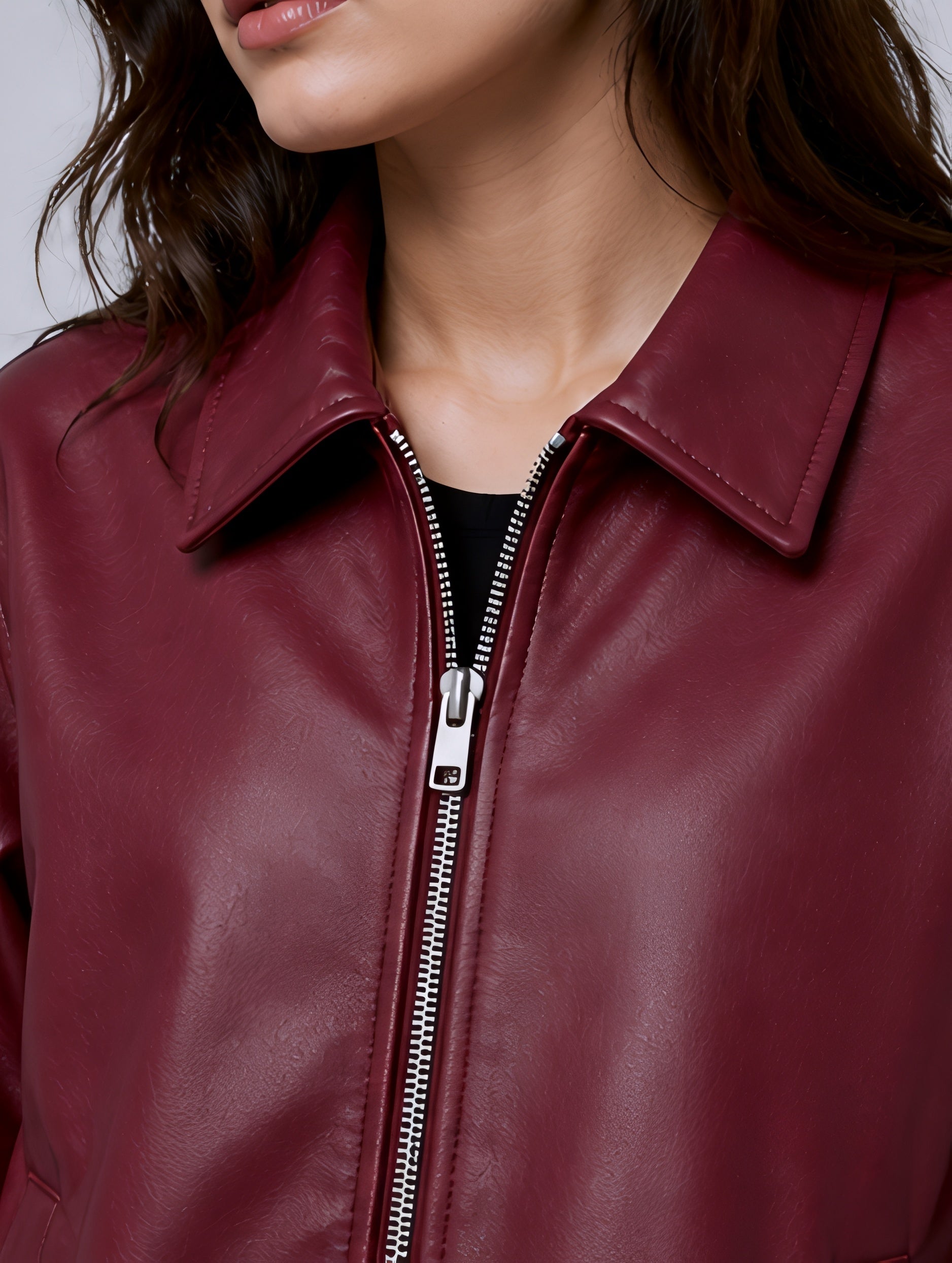 aesthetic leather jacket women close up zipper