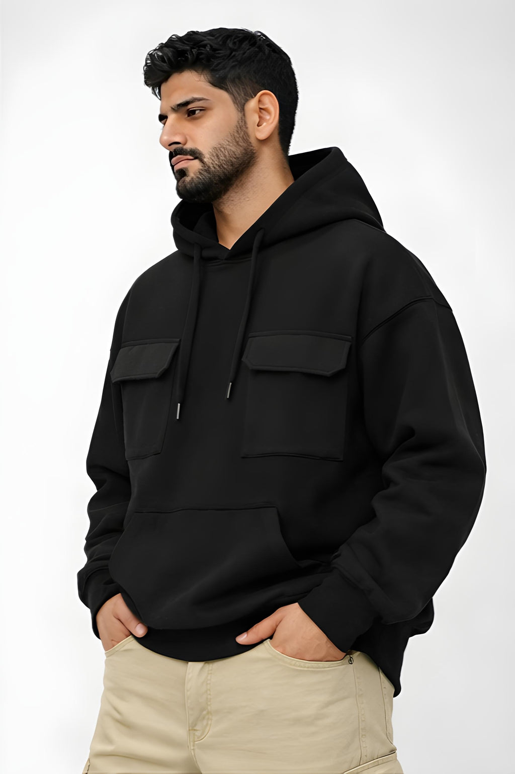 “Minimal streetwear black hoodie oversized fit”