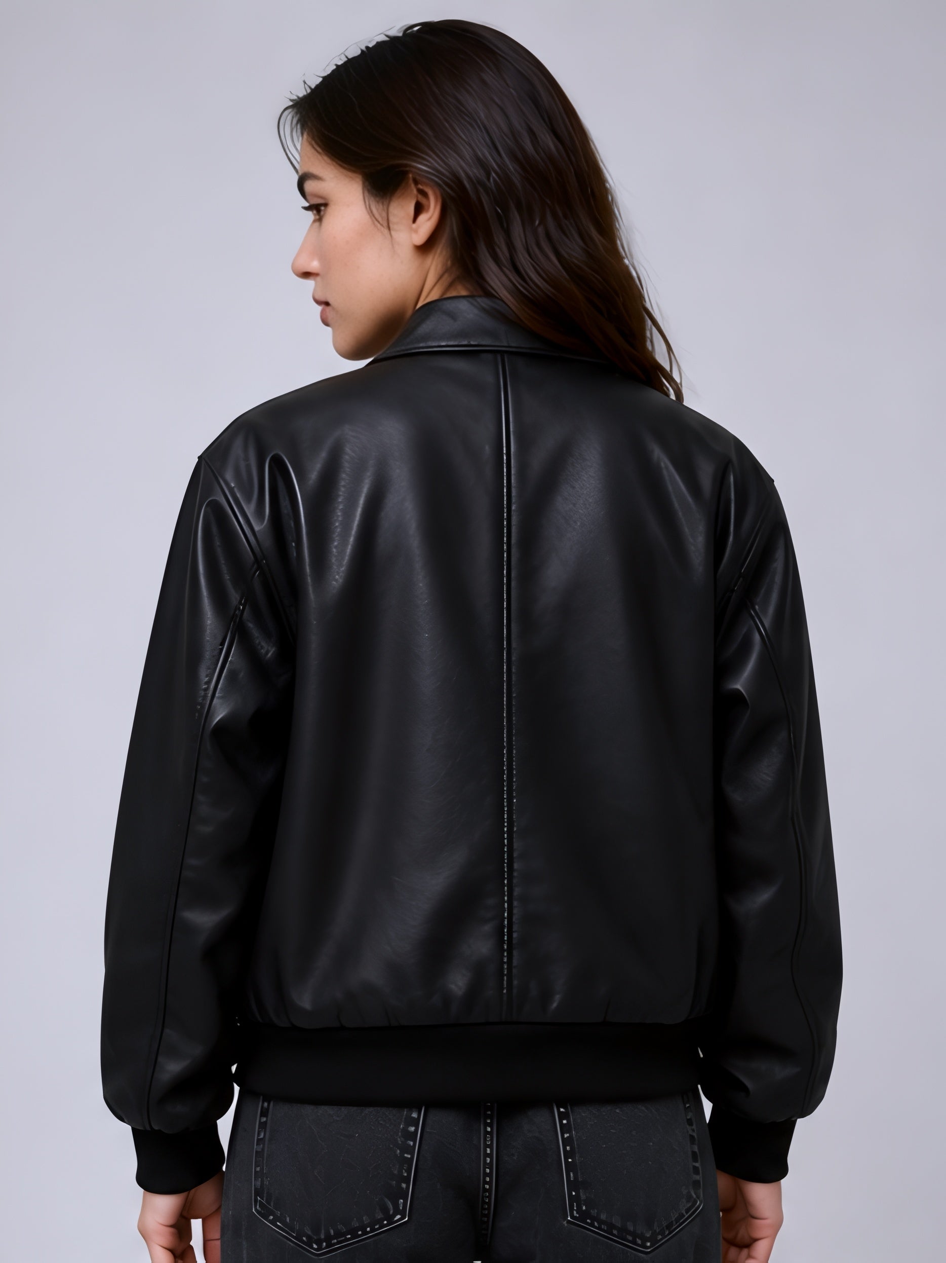 faux leather jacket women black aesthetic back view