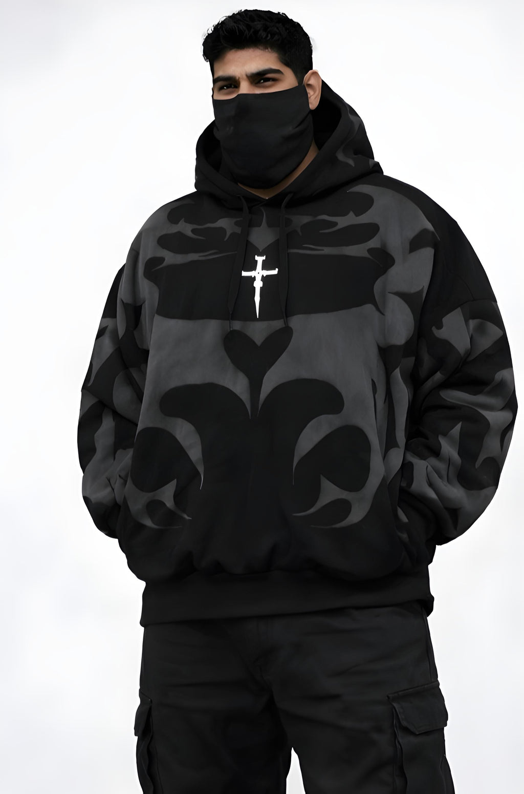 "Walhalaa Tribal Shadow Hoodie bold tribal back print gothic cross streetwear"