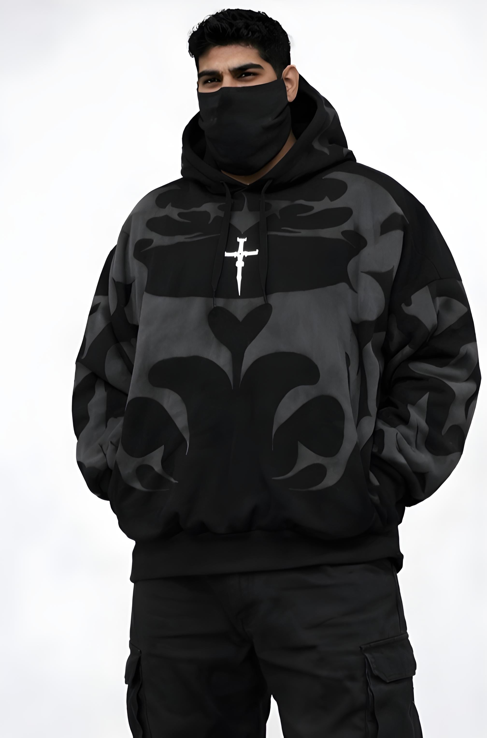 "Walhalaa Tribal Shadow Hoodie bold tribal back print gothic cross streetwear"