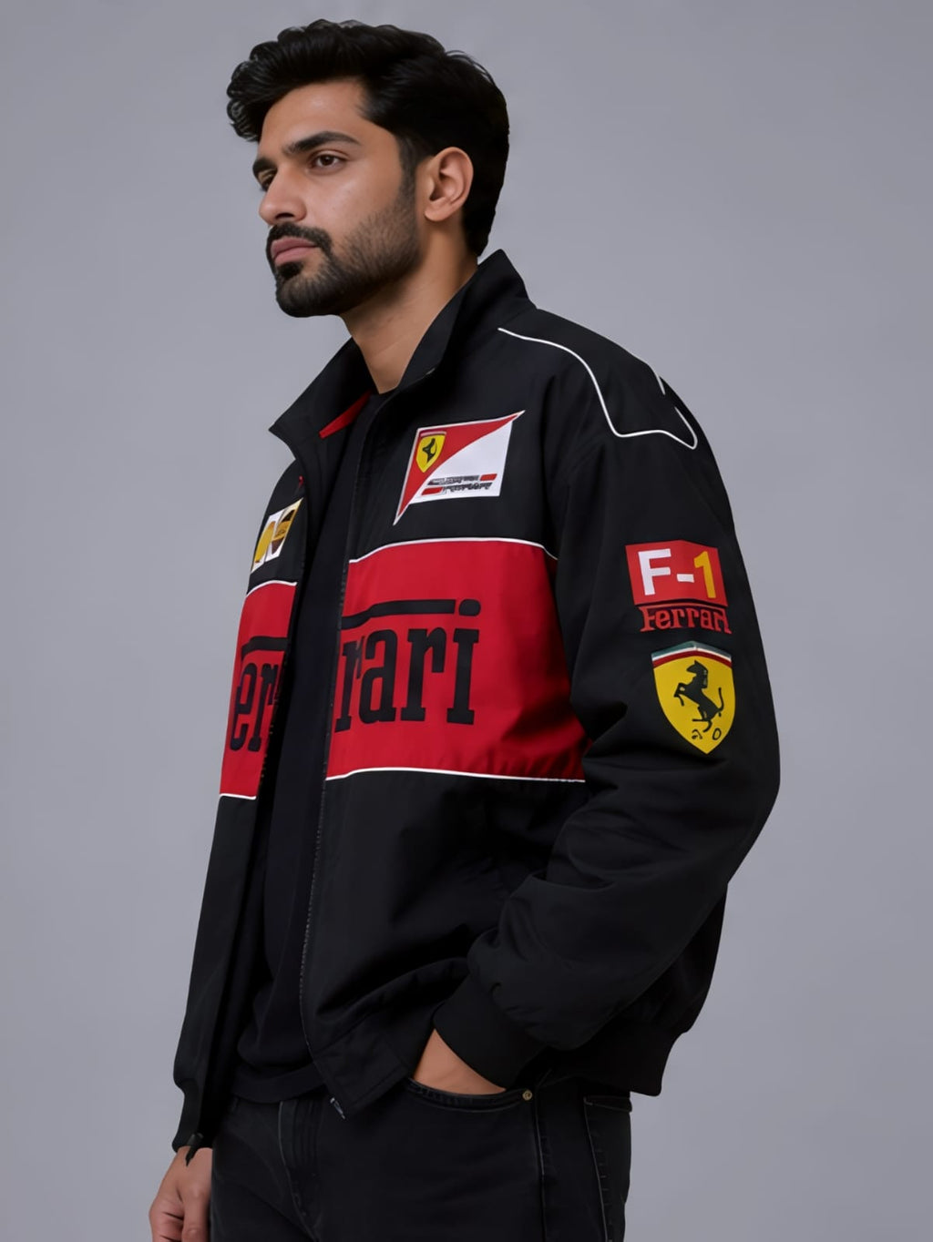 Oversized premium retro racer jacket styled with baggy cargo pants on a male model