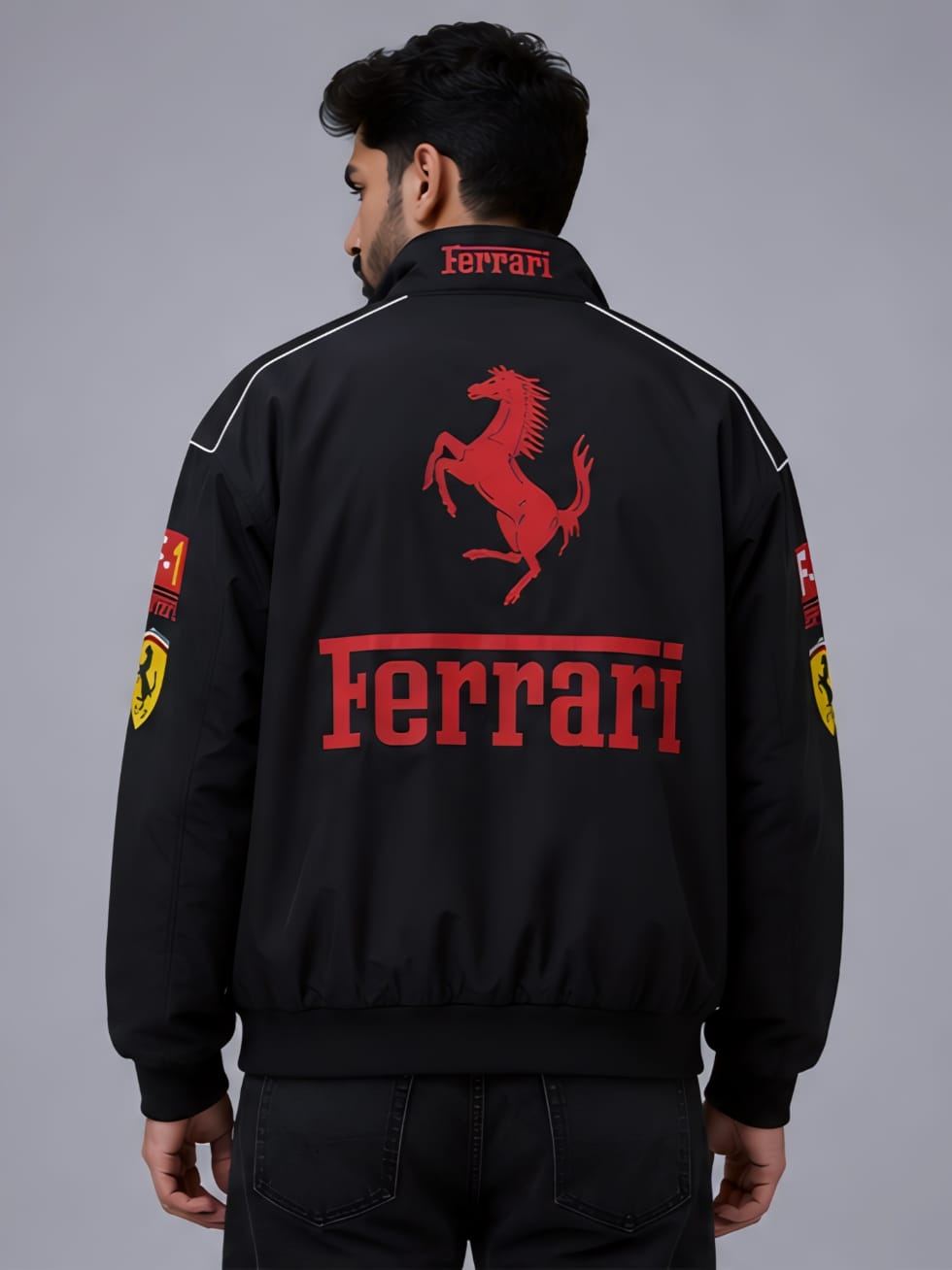 Back view of men's black vintage ferrari racing jacket highlighting bold printed designs and motorsport graphics