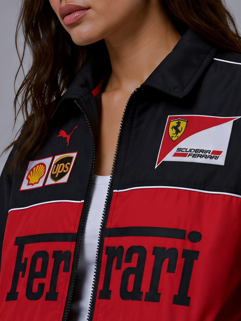 Close-up detail of premium parachute fabric texture and zippered front on vintage racing jacket