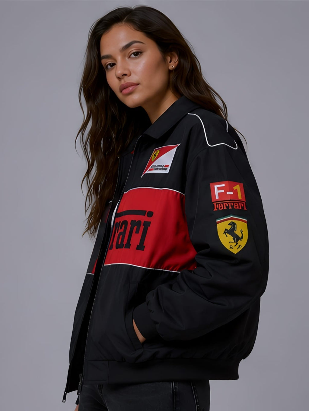 Oversized unisex fit black ferrari bomber jacket styled with streetwear cargos on a female model