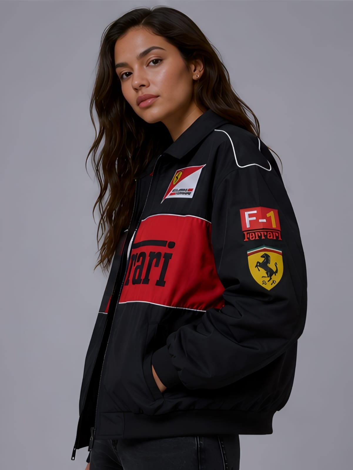 Oversized unisex fit black ferrari bomber jacket styled with streetwear cargos on a female model