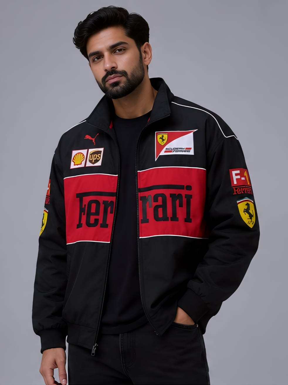 Front profile view of a male model wearing WALHALAA men's black vintage ferrari racing jacket