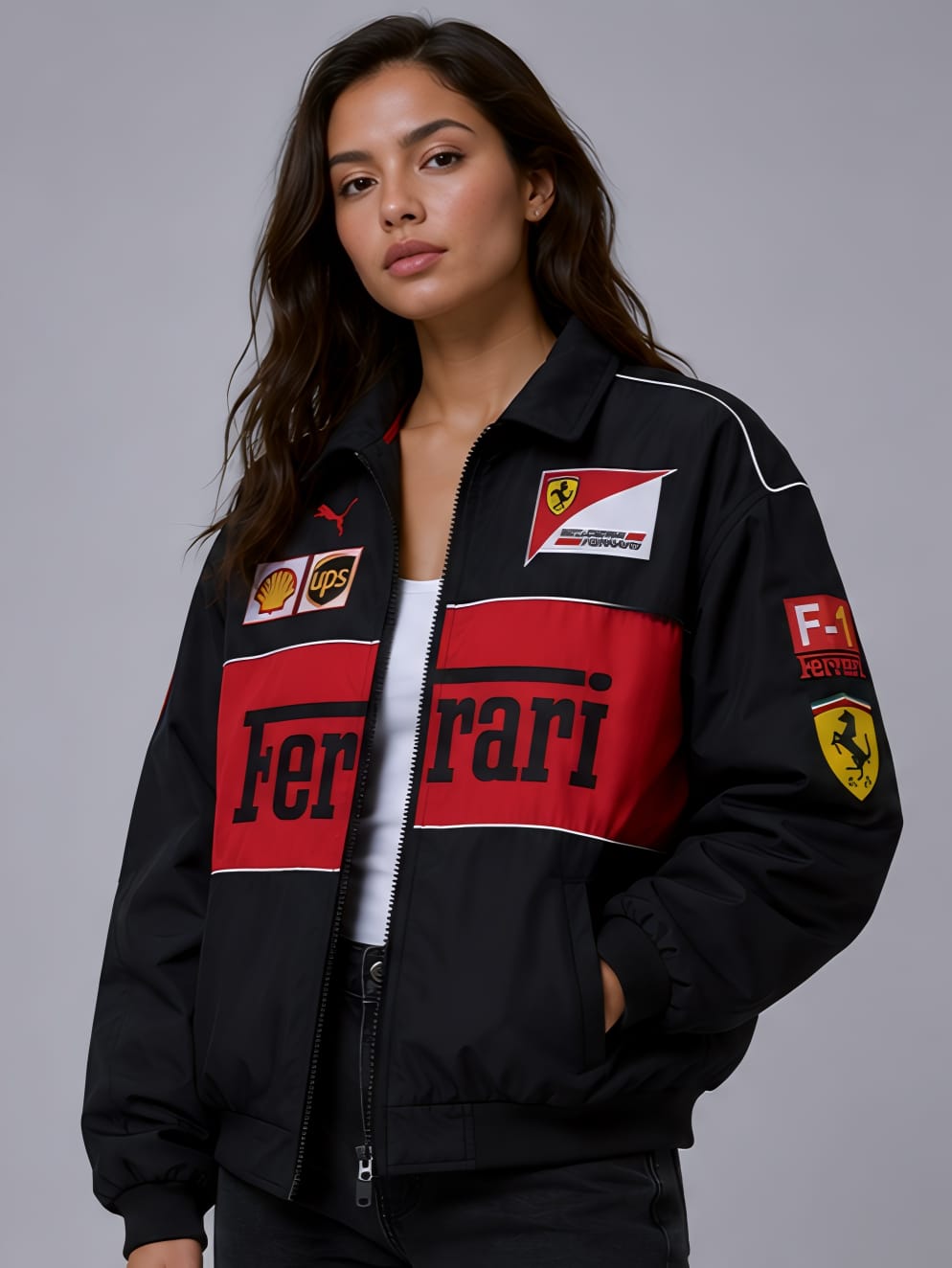 Front view of female model styling WALHALAA women's black vintage ferrari racing jacket made of parachute fabric
