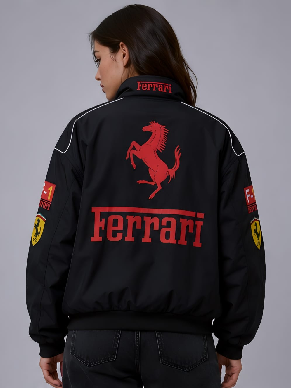 Back view of women's black vintage ferrari racing jacket showcasing high-definition printed designs