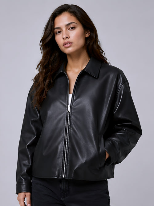 black leather jacket women front minimal faux leather jacket india