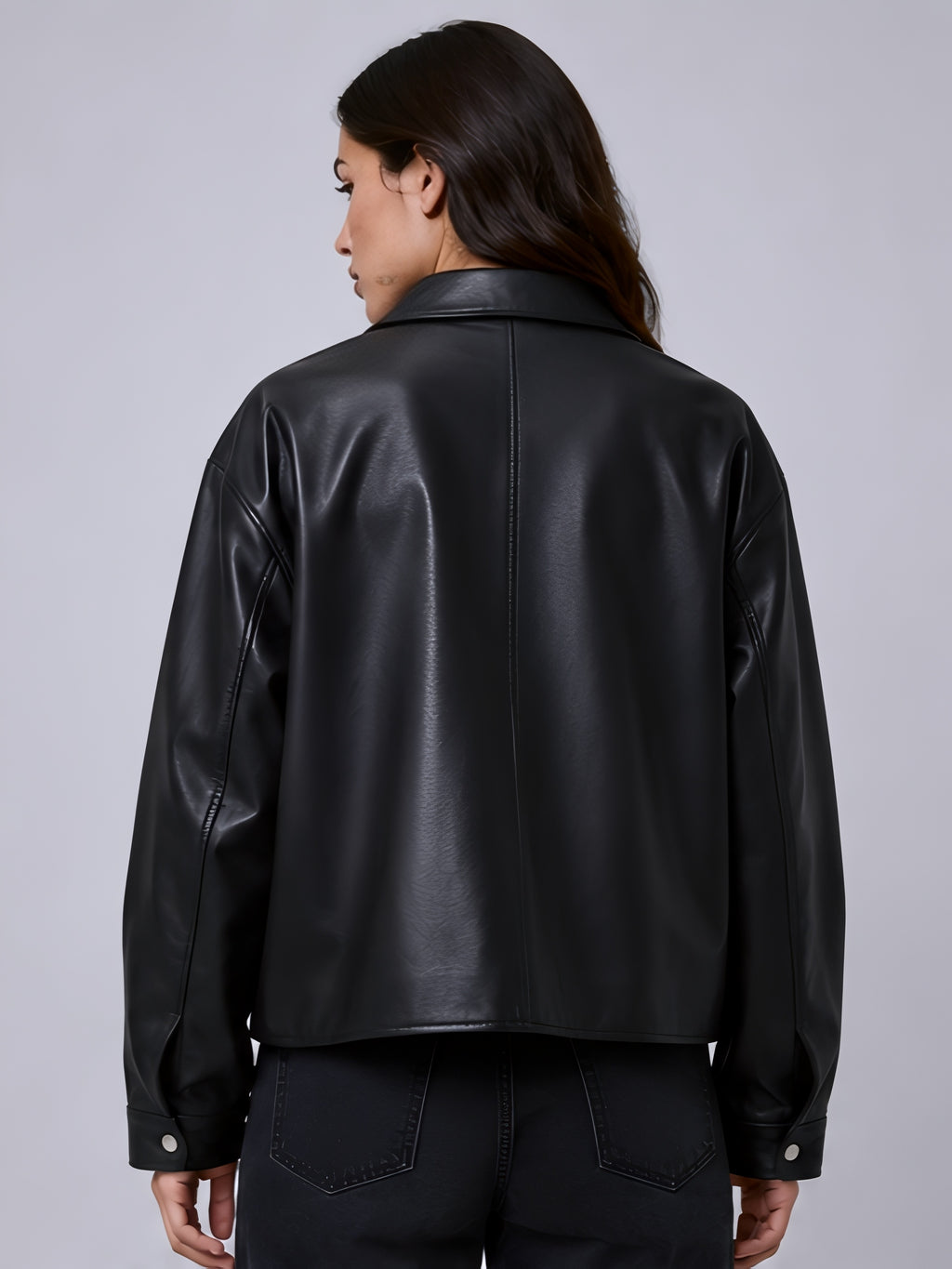 black leather jacket women back view button cuff detail