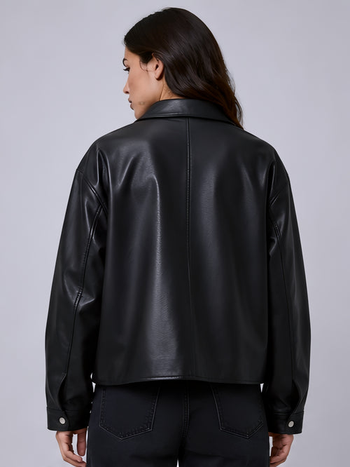 black leather jacket women back view button cuff detail