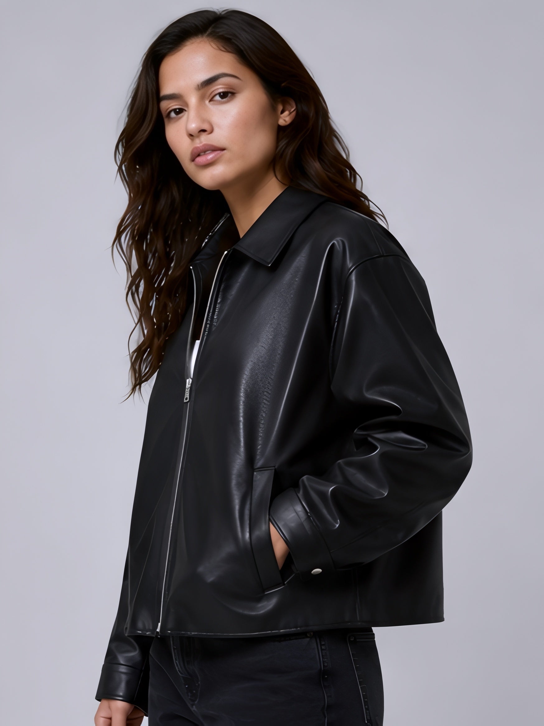 women black faux leather jacket side view streetwear fit